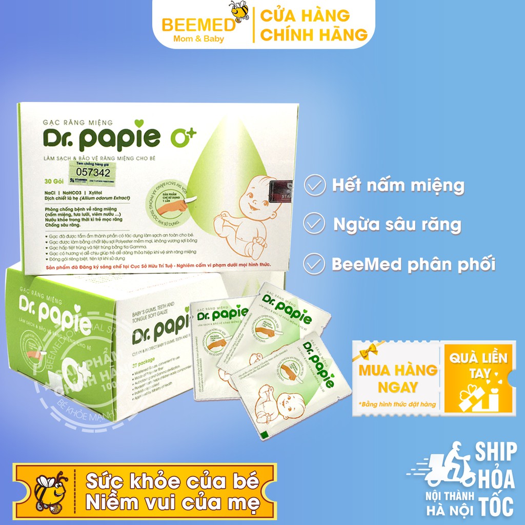 Dr Papie - Gạc rơ lưỡi cho bé Dr Papie - Gạc lau răng, rơ miệng cho bé - Hộp 30 gói