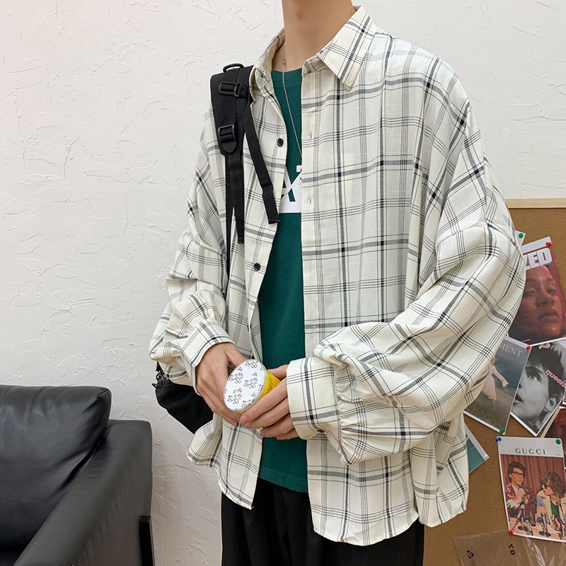 Áo Sơ Mi Caro Tay Dài Dáng Rộng Thời Trang Hàn Quốc Cho Nam Size S-3Xl