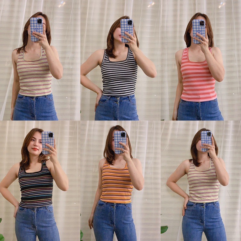Áo croptop nữ chất cotton, áo ba lỗ cộc tay kiểu ôm vải co giãn Thun gân đũa màu sọc