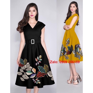 Đầm xòe in họa tiết lá sang trọng kèm belt - dk011-210