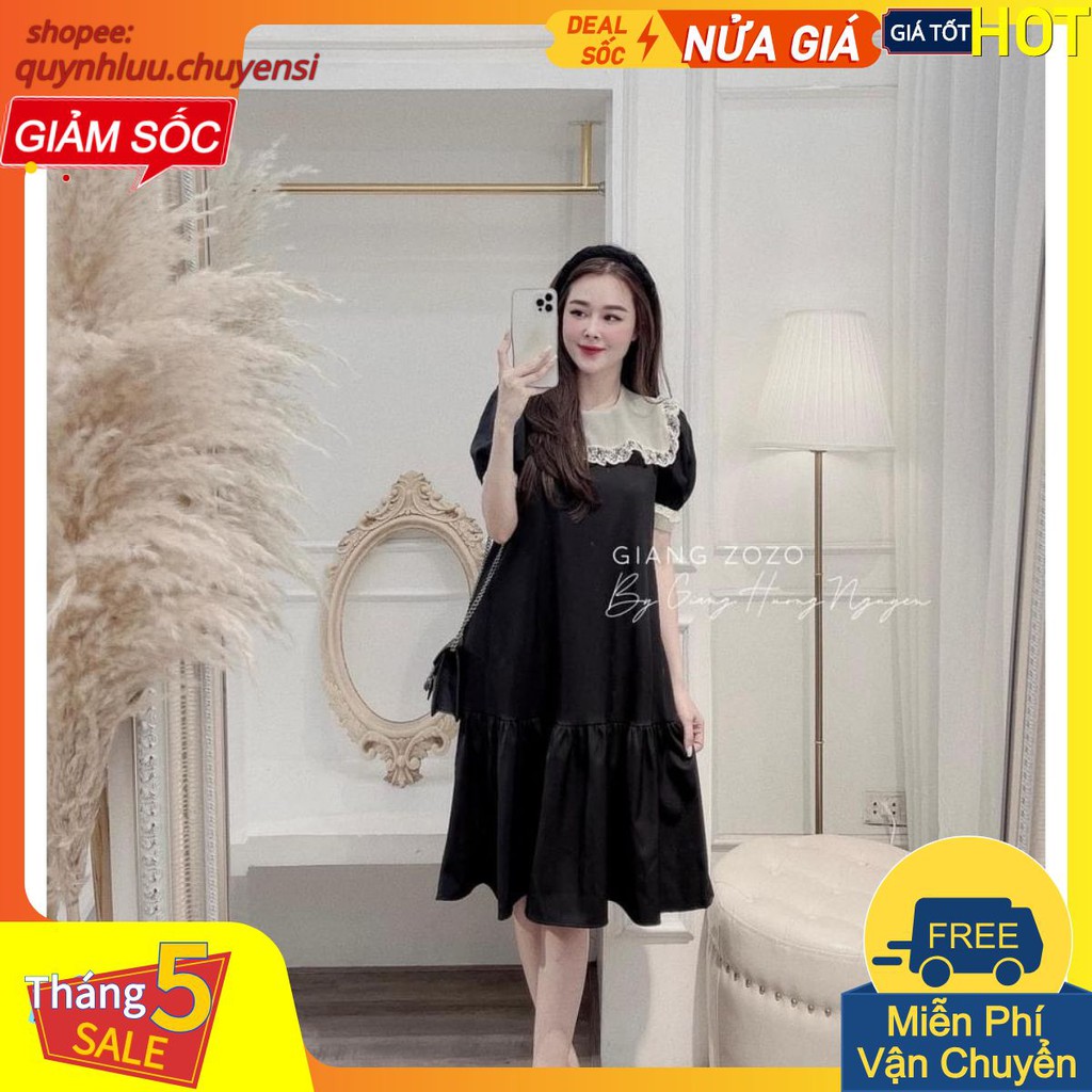 VN62 - VÁY SUÔNG ĐEN ĐUÔI CÁ PHỐI CỔ BÈO TRẮNG NỮ