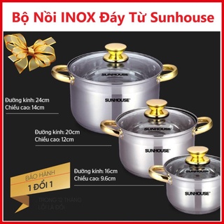 Bộ nồi Sunhouse, Nồi Inox đáy dày 05 lớp mã SH781, Dùng trên bếp Từ và mọi loại bếp, Quai và núm làm bằng inox mạ vàng