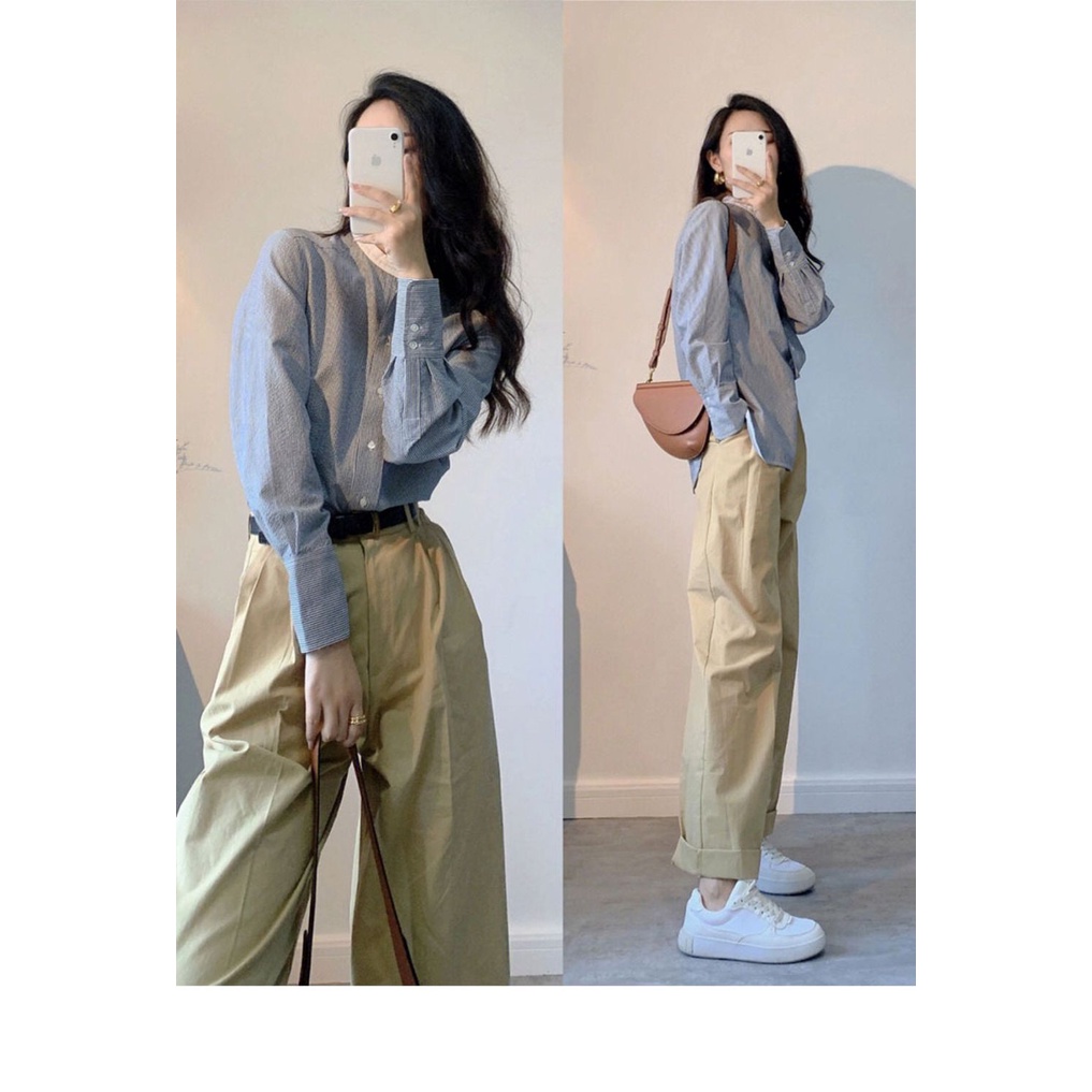 Bộ Áo Sơ Mi Vải Lanh Cotton + Quần Dài Ống Rộng Thời Trang Cao Cấp