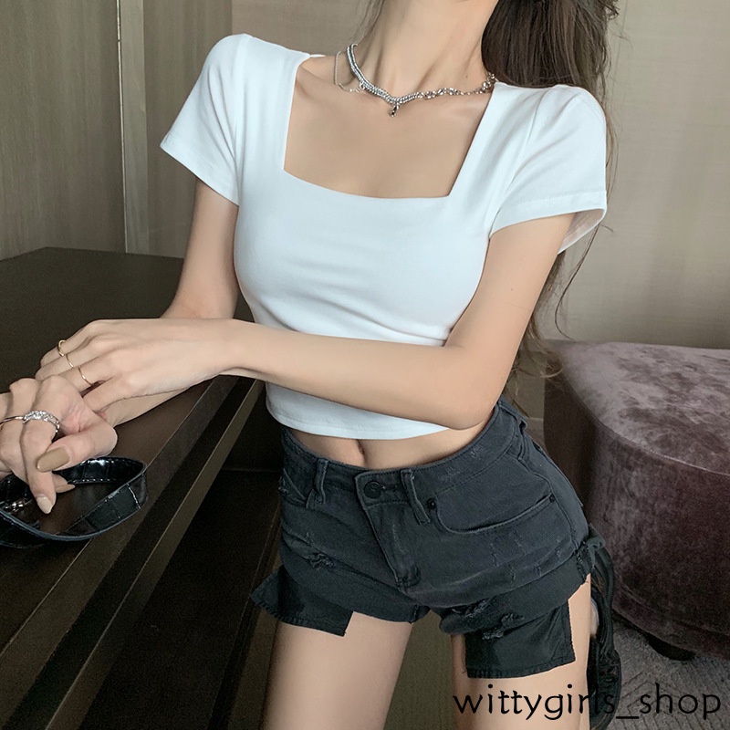 Wittygirls_ Shop | Áo Thun Lửng Ngắn Tay Cổ Vuông Lưng Cao Thời Trang Nữ