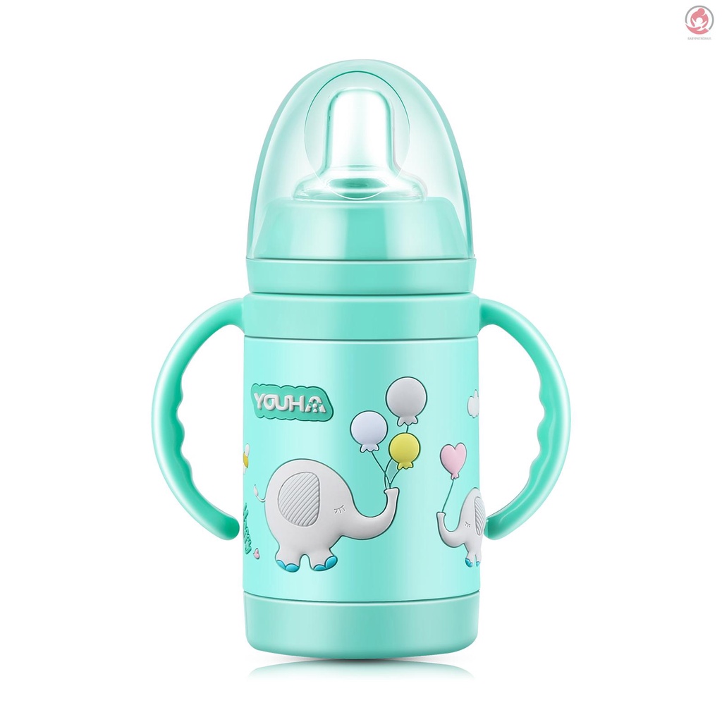 BAG Baby Vacuum Insulated Sippy Cup YOUHA 280ml Toddlers Stainless Steel Drinking Bottle with Handle Replaceable Lids Weighted Straw Baby Sippy Tumbler Mug Vacuum Bottle