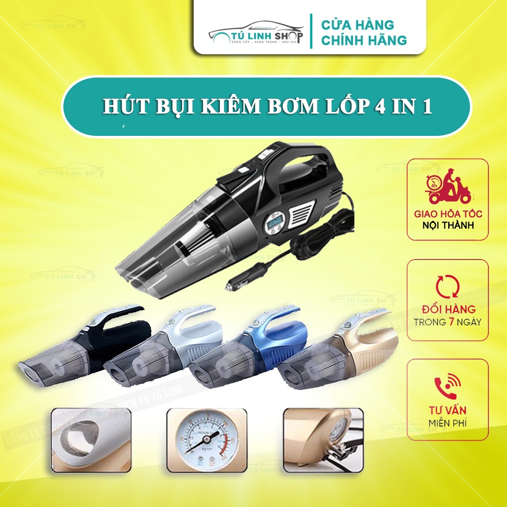 Máy hút bụi kiêm bơm xe, đo áp suất lốp cho xe hơi 4 in 1