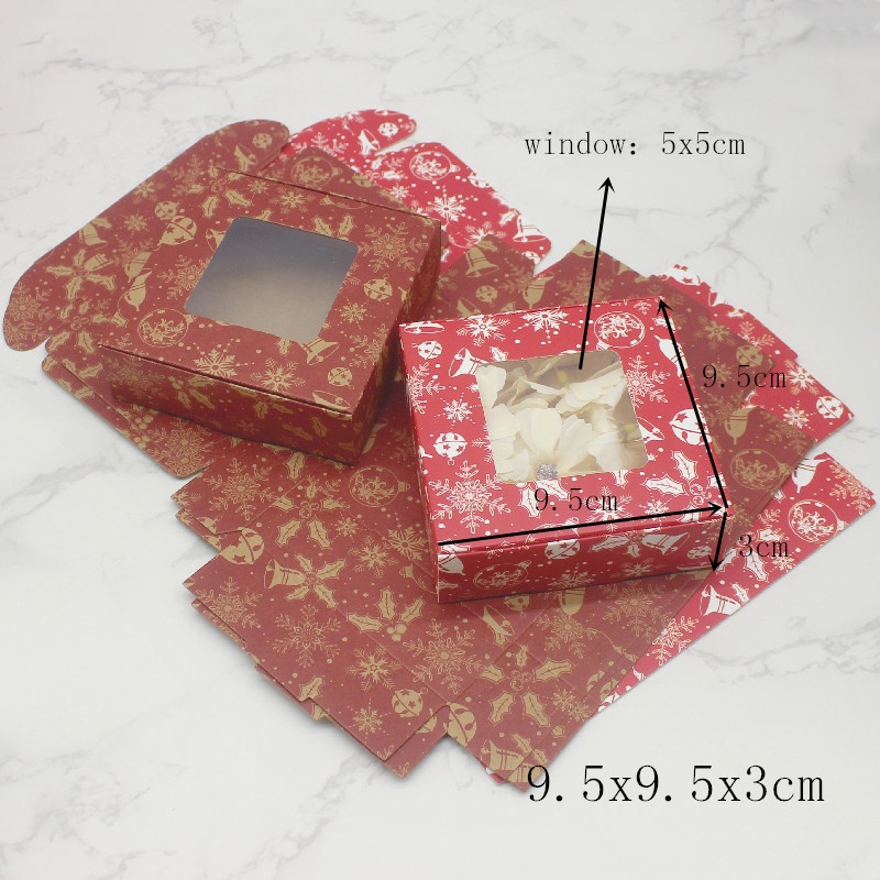 Set 10 hộp đựng kẹo in hình tuyết đỏ có cửa sổ phong cách giáng sinh