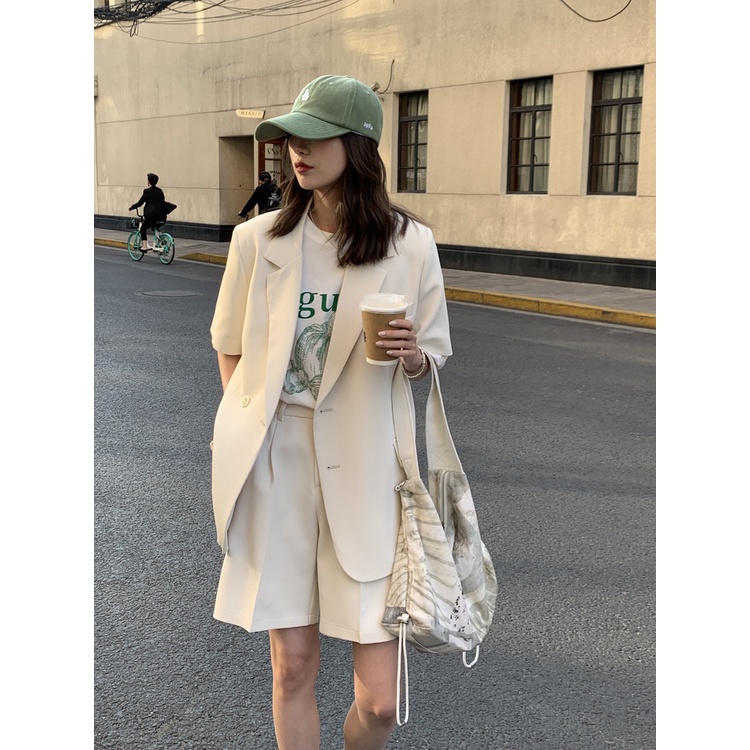 Honypove Bộ Trang Phục Hai Mảnh Áo Khoác Vest Tay Ngắn Dáng Rộng One Piece 2022 Thời Trang Xuân Hè Cho Nữ