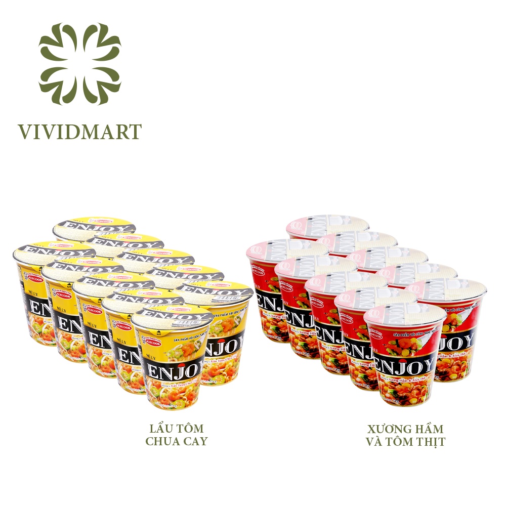 [Combo 10 hộp] MÌ LY ENJOY 02 HƯƠNG VỊ: VỊ LẨU TÔM CHUA CAY, VỊ XƯƠNG HẦM VÀ TÔM THỊT – LY 74g – ACECOOK