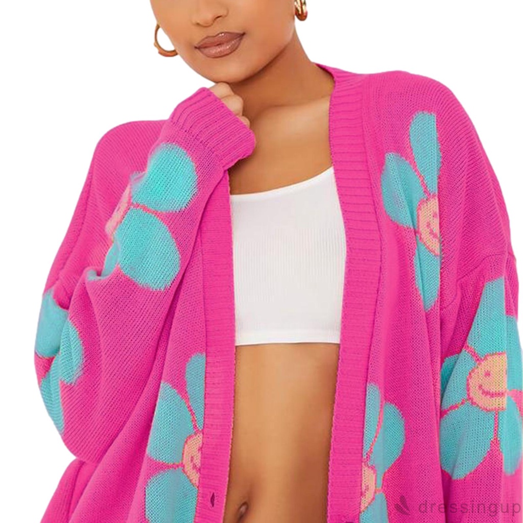 Đầm Tay Dài Cổ Chữ V In Họa Tiết Hoa / Trái Tim Thời Trang Cho Nữ