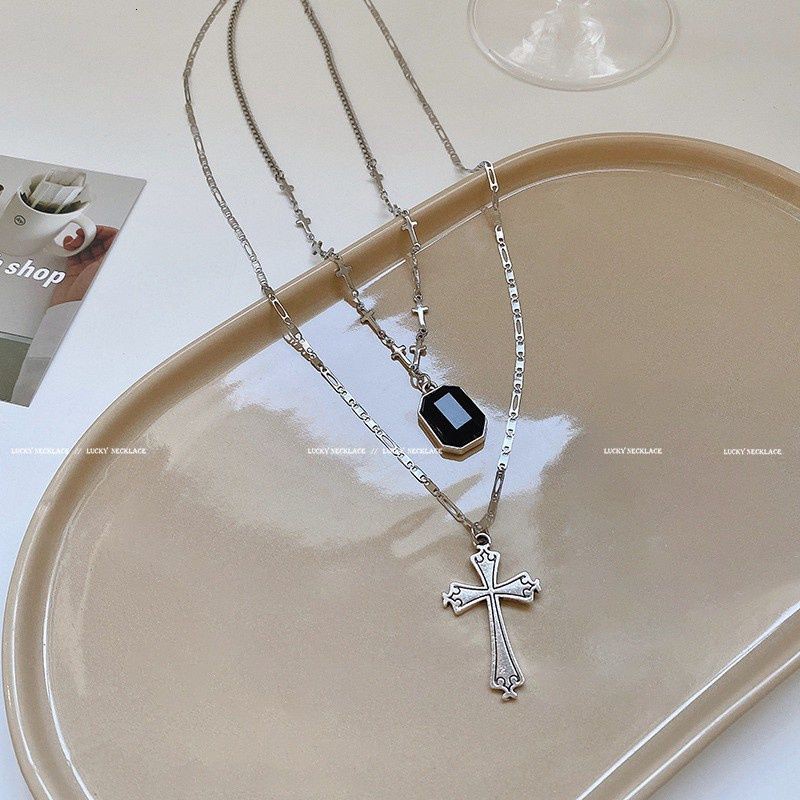 Đen vòng cổ Nhiều Lớp Mặt Hình Thánh Giá Đính Đá Phong Cách Hip Hop Âu Mỹ