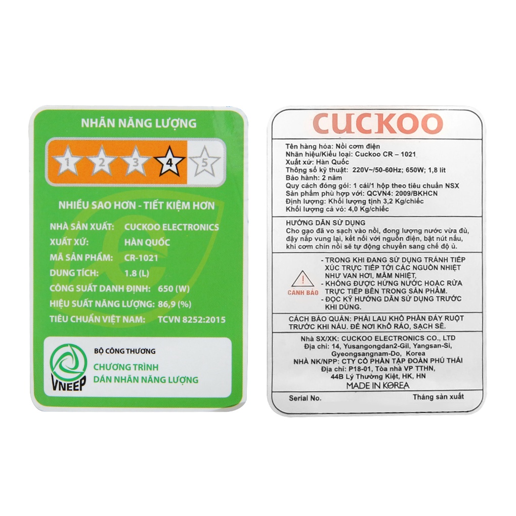 [Hàng mẫu trưng bày] Nồi cơm điện Cuckoo 1.8 lít CR-1021 hàng chính hãng