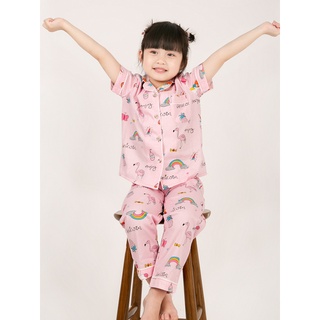 Pijama bé gái áo cộc quần dài màu hồng hình unicorn