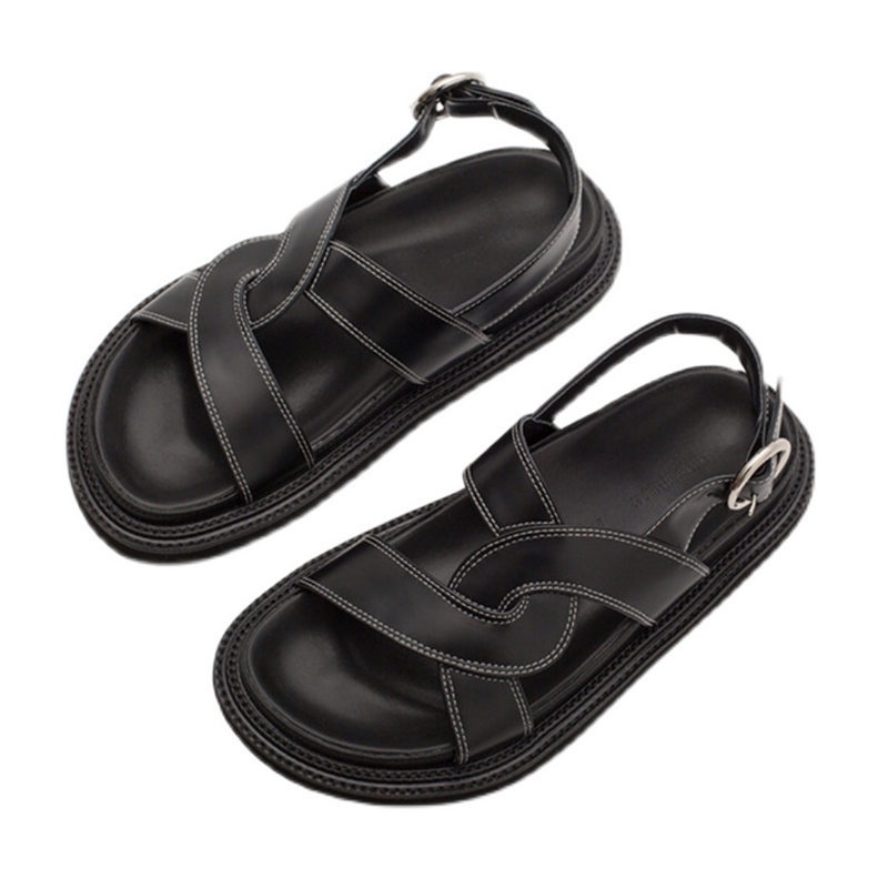 Giày Dép sandal đế phẳng mũi tròn thiết kế quai đan chéo thoải mái thời trang Hàn Quốc cho nữ