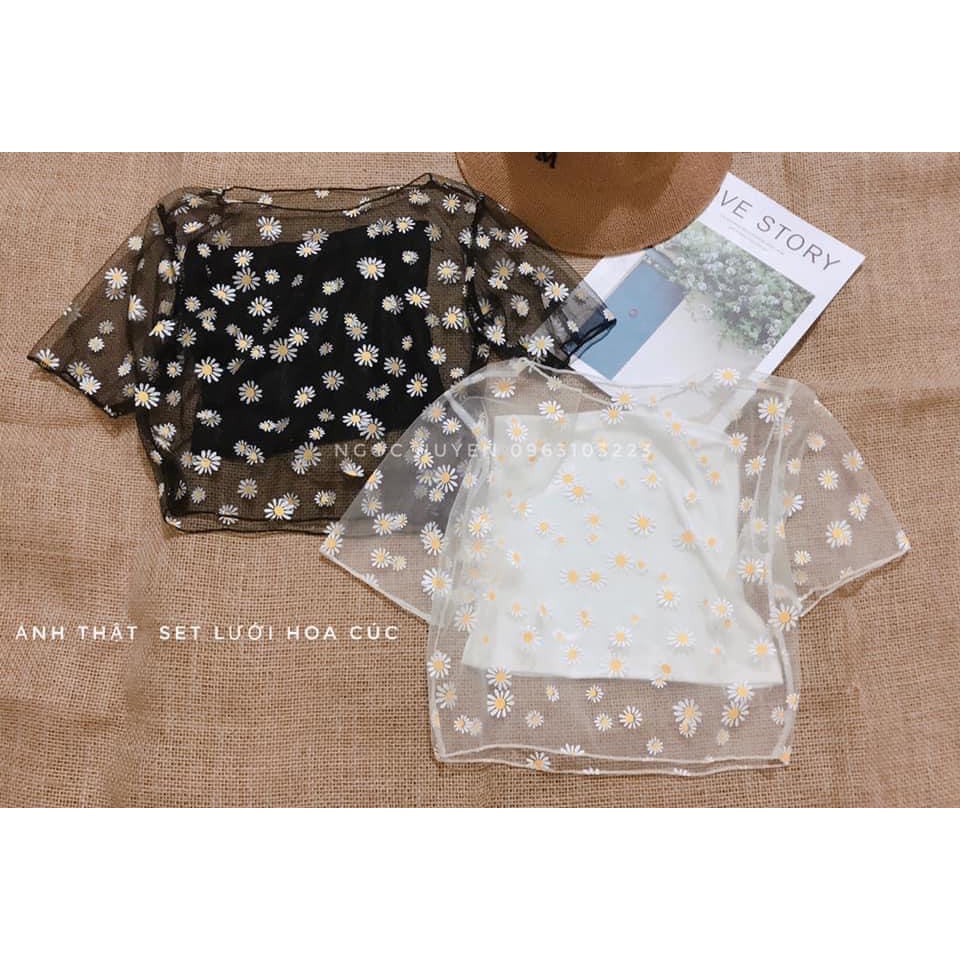 Set Croptop Lưới Hoa Cúc 🌸 Áo mỏng trong suốt kèm áo quây thun ôm body co giãn nữ SIÊU HOT 🌸 | BigBuy360 - bigbuy360.vn