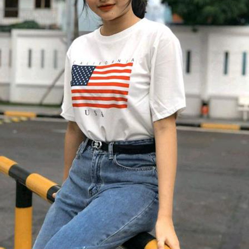 Áo Thun Nữ Màu Trắng In Hình Cờ Mỹ USA Local Brand DLX Form Basic Áo Phông Nữ Đẹp Thun 35% Cotton