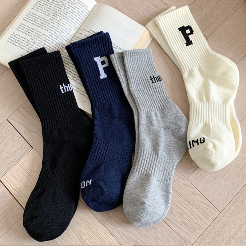 Xiangbao Vớ Cotton Cổ Vừa Họa Tiết Chữ P Phong Cách Harajuku Unisex