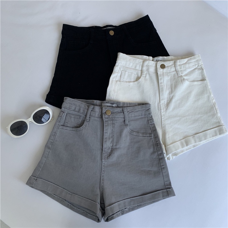 NUZIRO  Quần short denim  lưng cao ống rộng phong cách Hàn Quốc