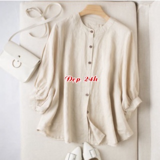 Áo sơ mi nữ cổ tròn tay lỡ Đẹp 24 giờ chất liệu mềm nhẹ mát form rộng bigsize che khuyết điểm SMH.34