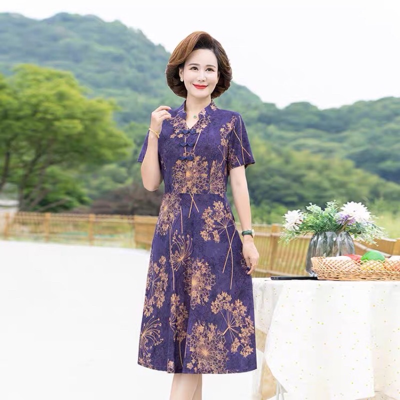 Đầm trung niên cho mẹ, váy dài trung tuổi sang trọng dự tiệc u40 u50 bigsize