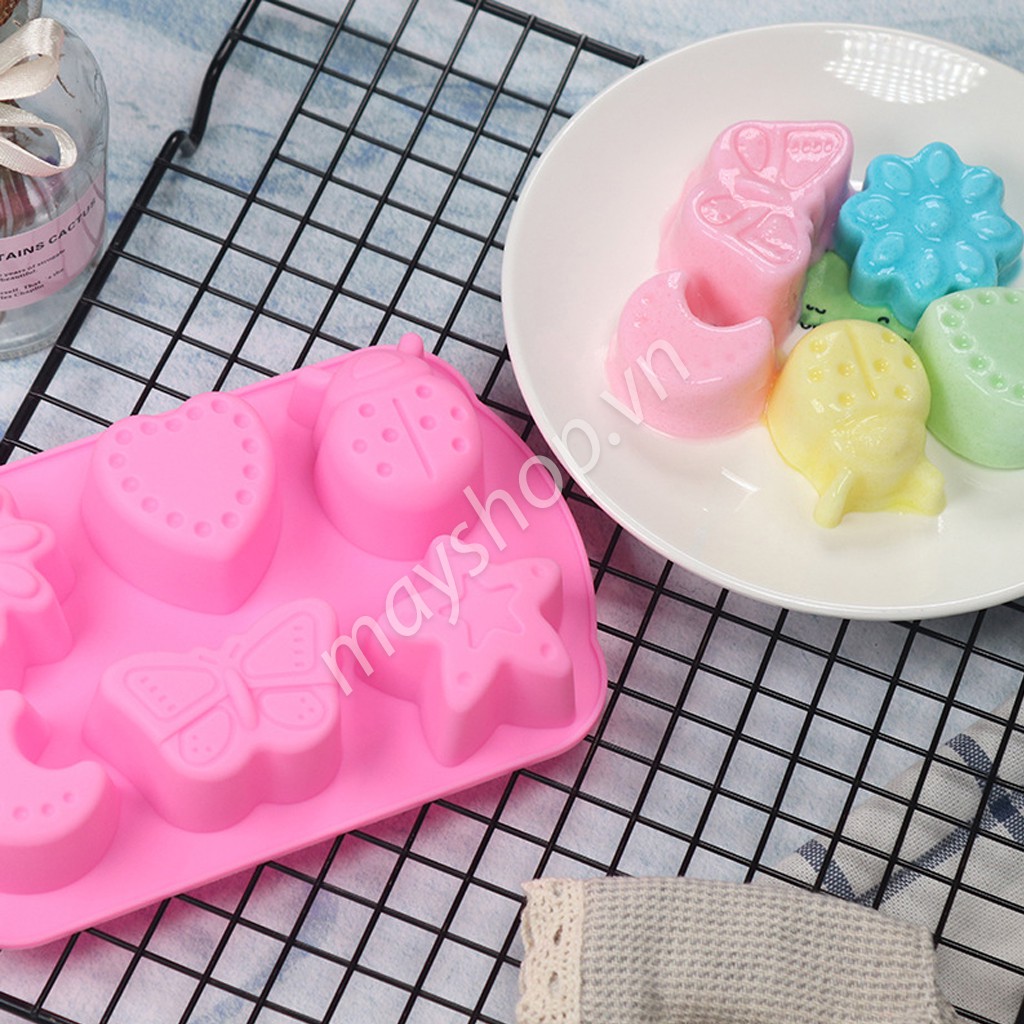 Khuôn silicone 6 hình tim, sao, hoa, côn trùng/ khuôn thạch