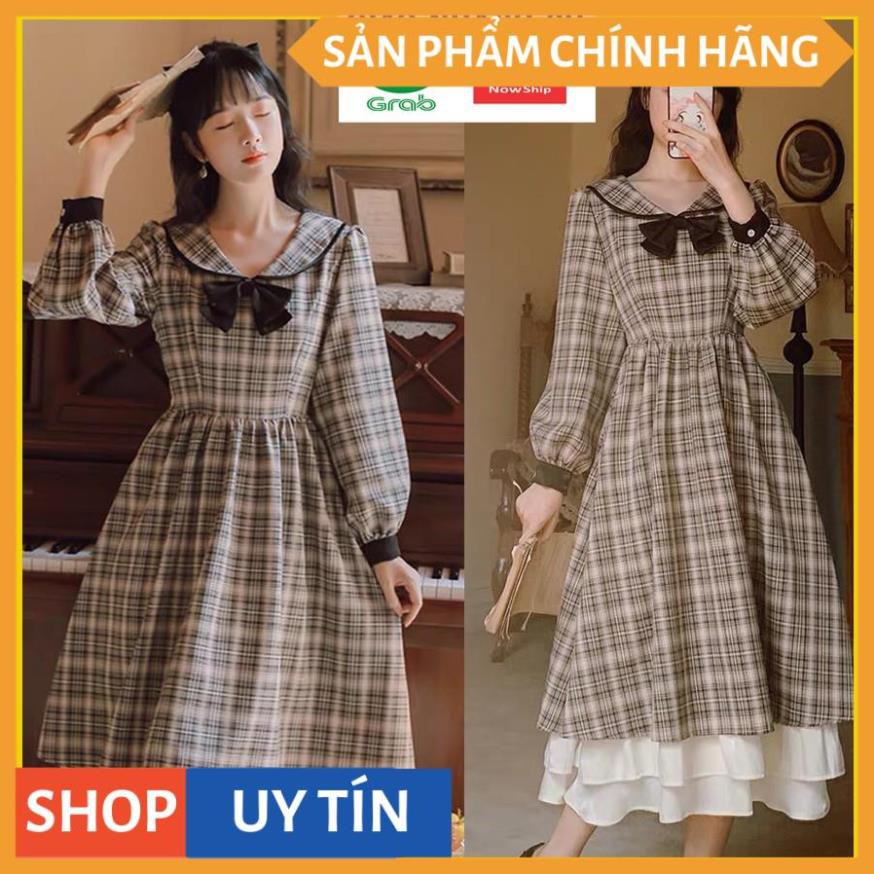 Đầm xòe caro tay dài, cổ nơ kiểu tiểu thư xinh yêu dễ thương, dự tiệc cưới đi chơi bao đẹp, hàng cao cấp tại VADA - V08