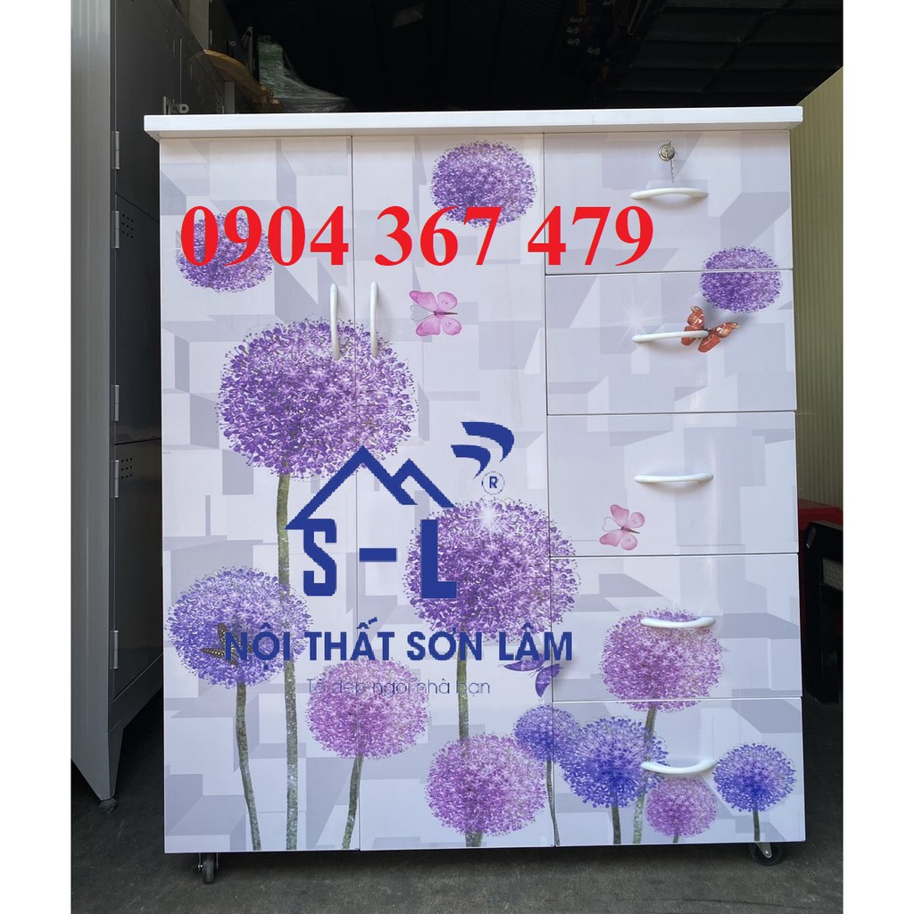 Tủ nhựa đài loan 2 cánh 5 hộc kéo in 3D hoa bồ công anh tím