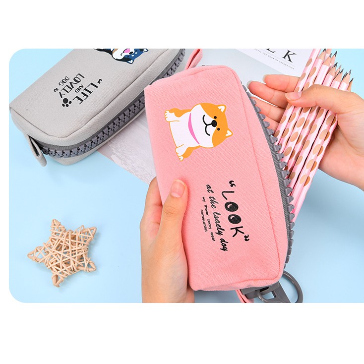 Hộp bút vải đẹp canvas hàn quốc - bóp viết khóa zip nhựa to cute hình chó Shiba dễ thương, túi đựng bút đã năng HBV18