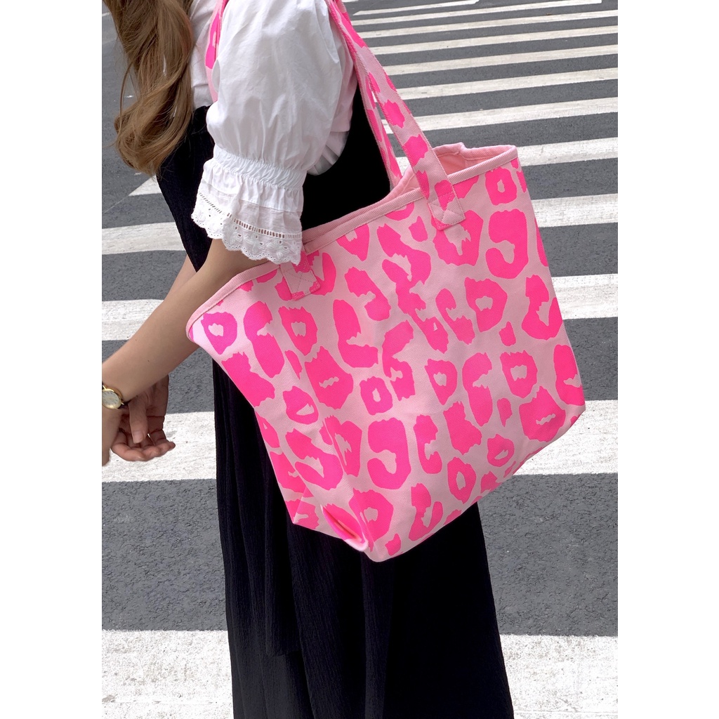 Túi Xách canvas Sức Chứa Lớn In Họa Tiết Da Báo Hồng Phong Cách Hàn Quốc Hàng Mới 2022 Dành Cho Nữ