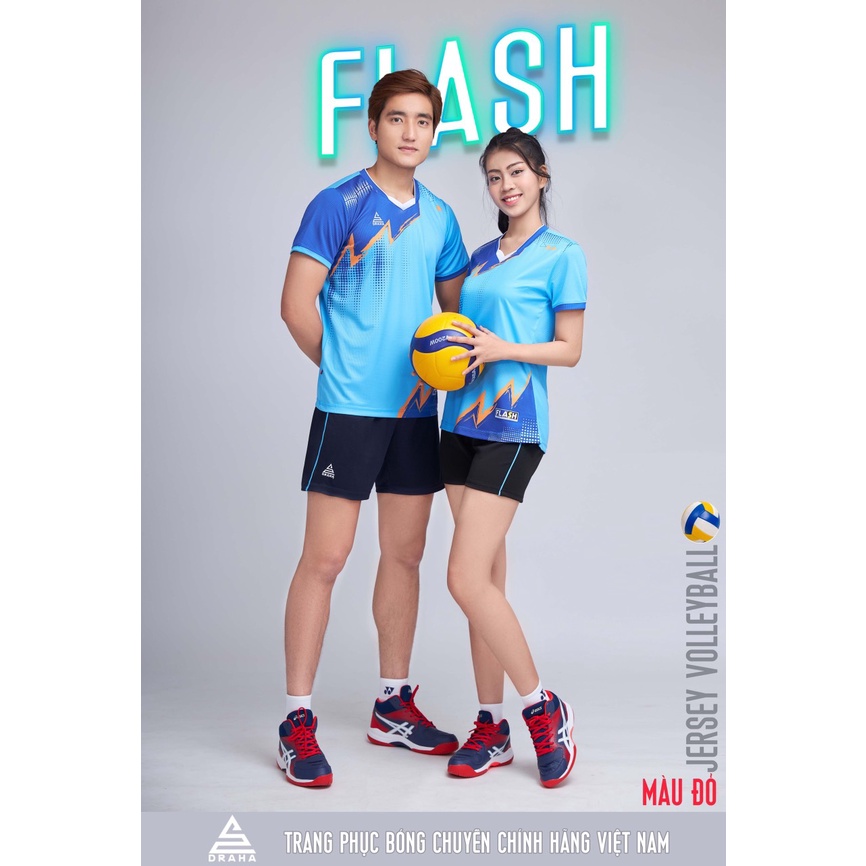 [CÓ IN ẤN] Bộ Quần áo bóng chuyền nam nữ Flash xanh da chất vải cao cấp mát mẻ chính hãng Draha,bộ đ