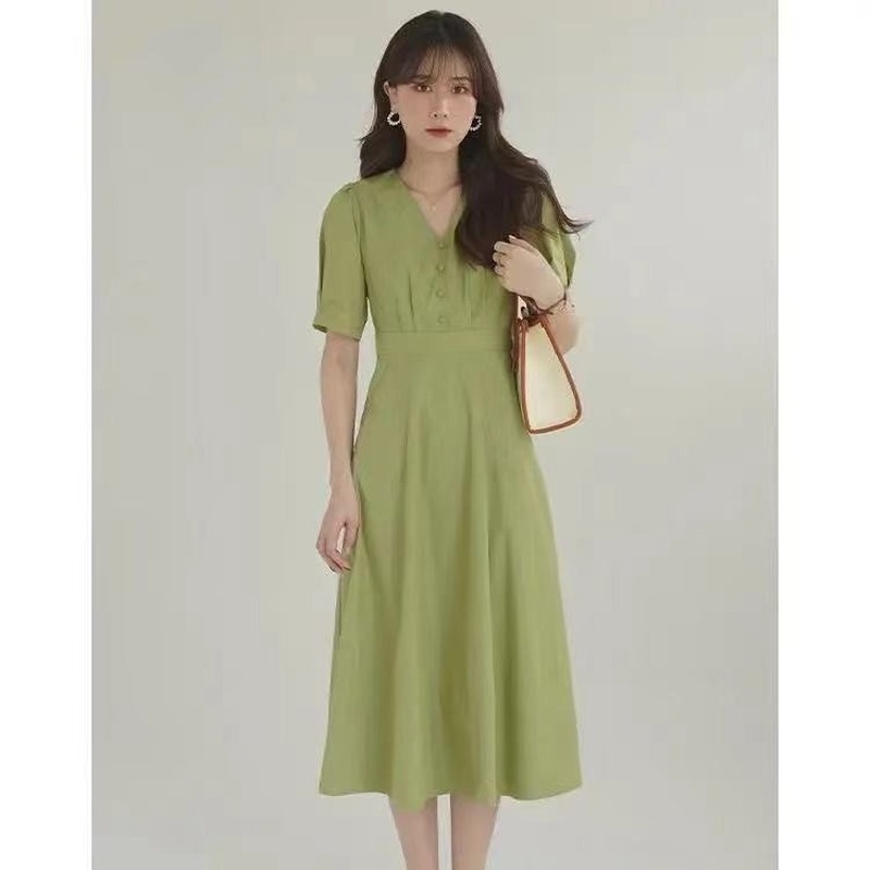 Đầm xòe tay ngắn cổ chữ V màu xanh lá phong cách retro thời trang cho nữ