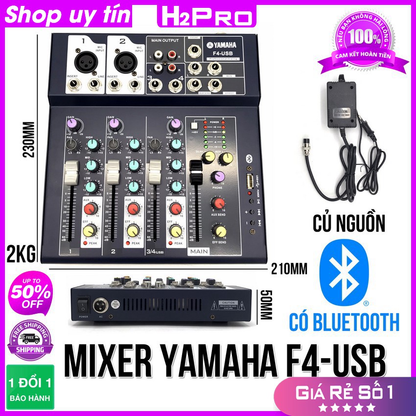 Bộ Trộn Âm Thanh, Mixer Yamaha F4-USB Cao Cấp - Bluetooth, 4 Kênh-Chuyên Dùng Livestream, Karaoke Gia Đình- H2Pro Audio