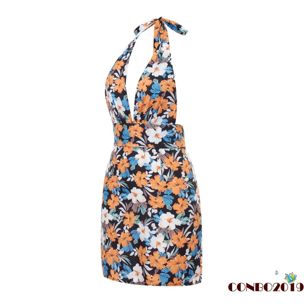 HGM-Women Close-fitting Sexy Dress, Floral Printed Pattern Sleeveless Halter Neck One-piece, Orange/ Navy