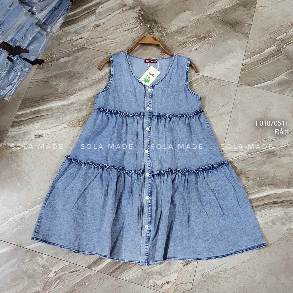 Đầm jean xòe rộng nút bèo tầng sát nách!