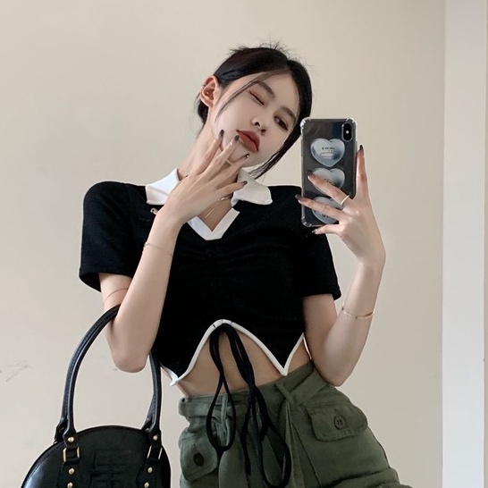 QADCOL   Áo Thun Mỏng Xếp Ly Viền Kim Loại Kiểu retro Mỹ Xinh Xắn Cho Nữ