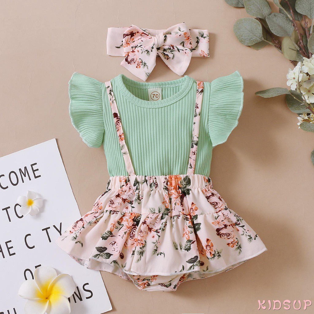Bộ Áo Cổ Tròn + Quần Yếm + Băng Đô Xinh Xắn Cho Bé Gái