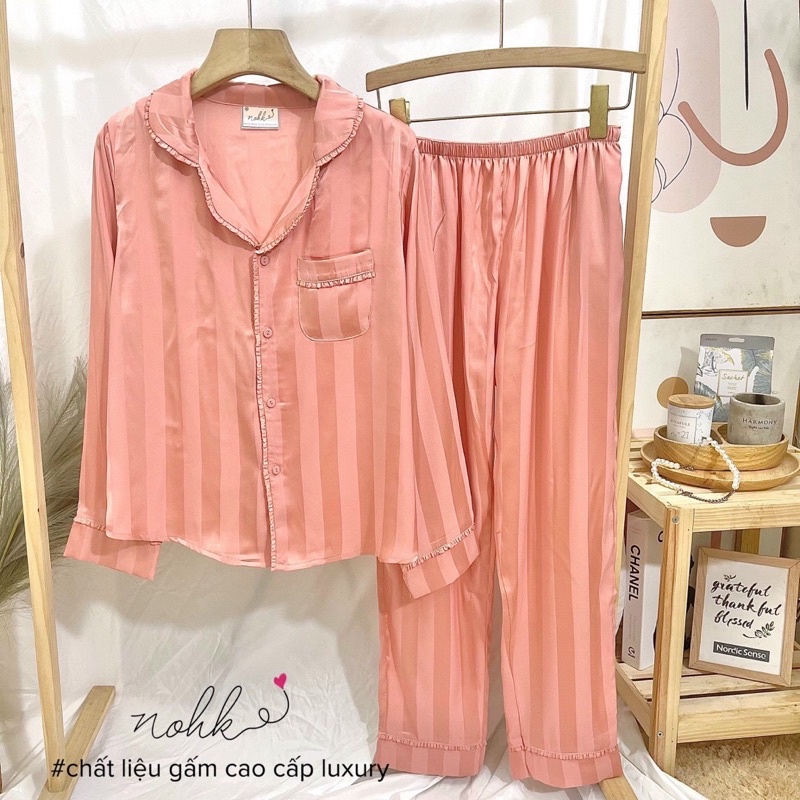 Bộ đồ Pijama Lụa Mặc Nhà NOHK. SET đồ ngủ lụa mềm mịn, nhẹ, thiết kế dáng dài trơn trọc phối viền bèo siêu tiểu thư