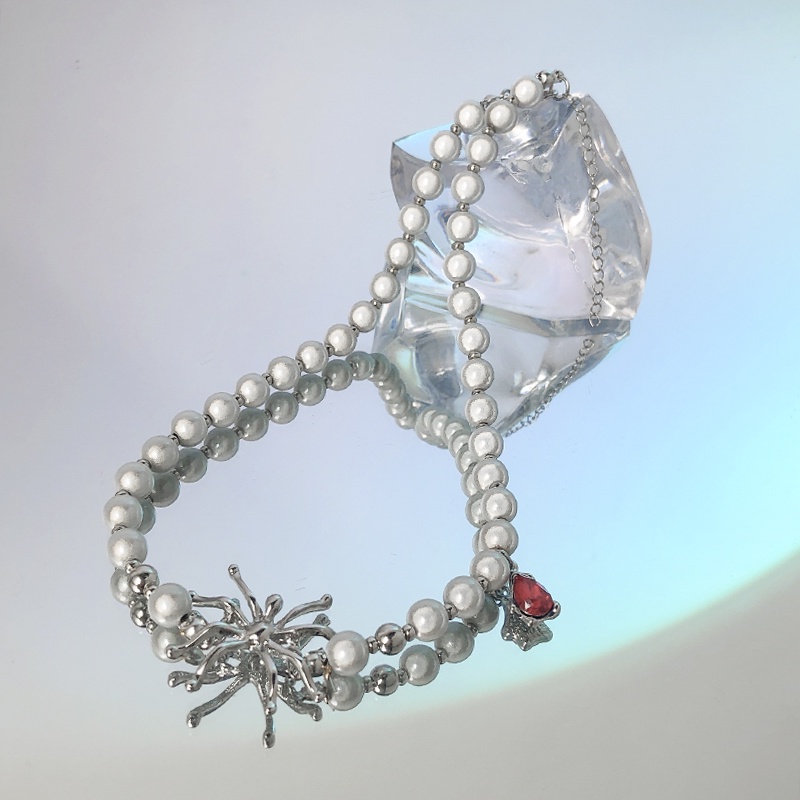 Vòng cổ Mặt Hình Nhện Đính Đá Ruby Và Ngọc Trai Phong Cách Hip Hop