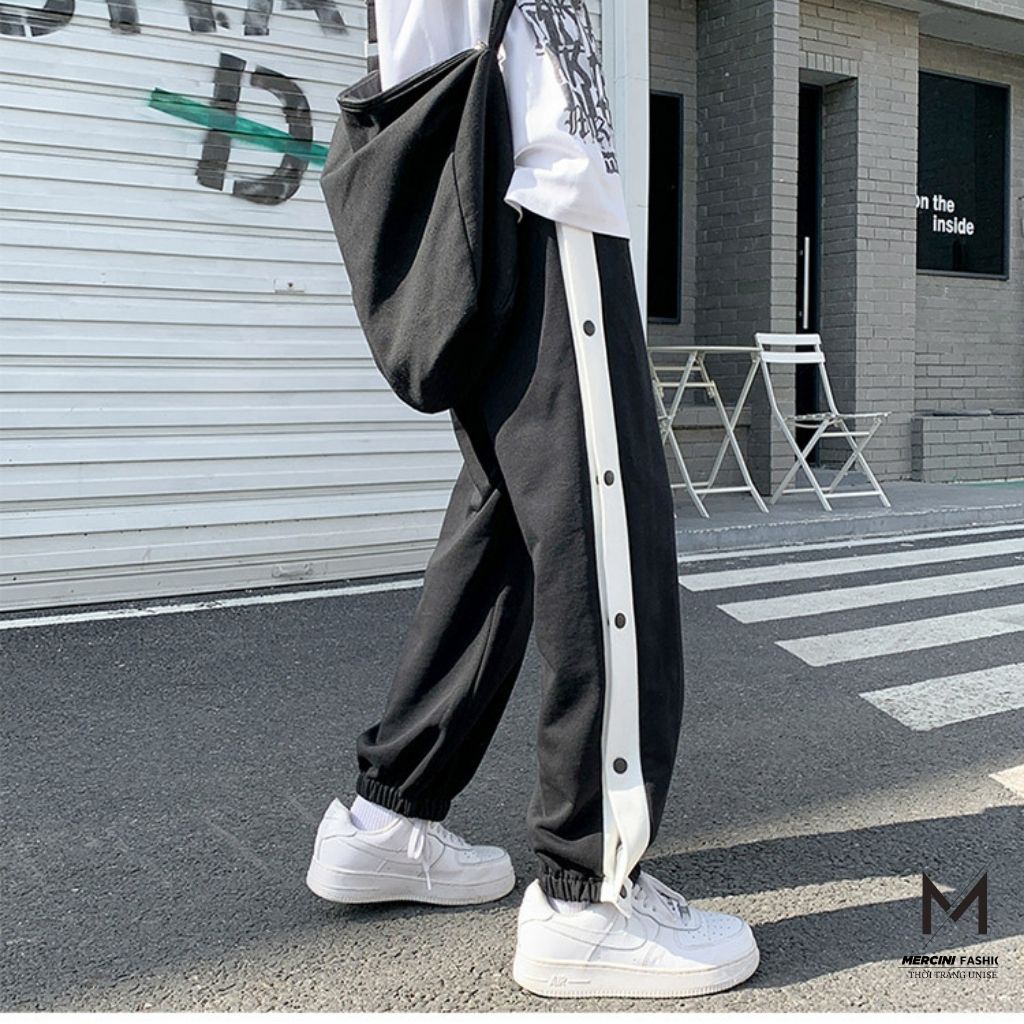 Quần ống rộng UNISEX MERCINI quần cúc POLY phối cúc,khuy nút có chun bo gấu một sọc quần ống rộng cao cấp thời trang
