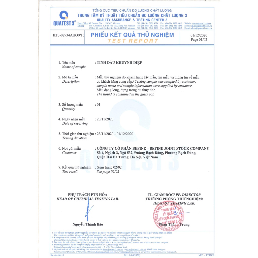 Tinh dầu Khuynh diệp - BEFINE - Tinh dầu nguyên chất chưng cất tự nhiên - Thơm phòng, tốt cho hệ hô hấp phòng cảm lạnh