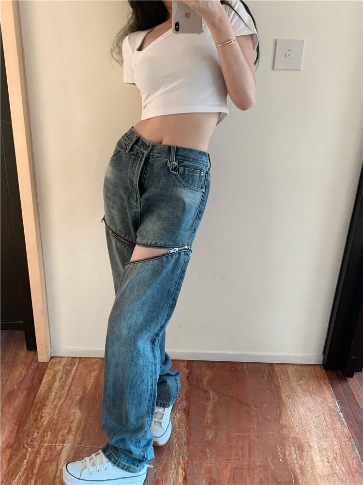 DUNEA Quần denim lưng cao ống rộng phối khóa kéo phong cách retro cá tính cho nữ