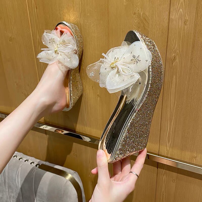 Dép đế xuồng nhũ kim sa quai trong suốt gắn nơ đá sang chảnh 8-12 cm, hàng cao cấp