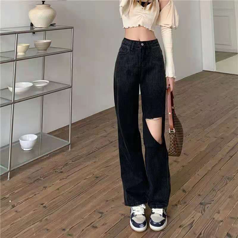 Jiashucheng Quần Jeans Nữ Lưng Cao Dáng Ôm Rách Cá Tính