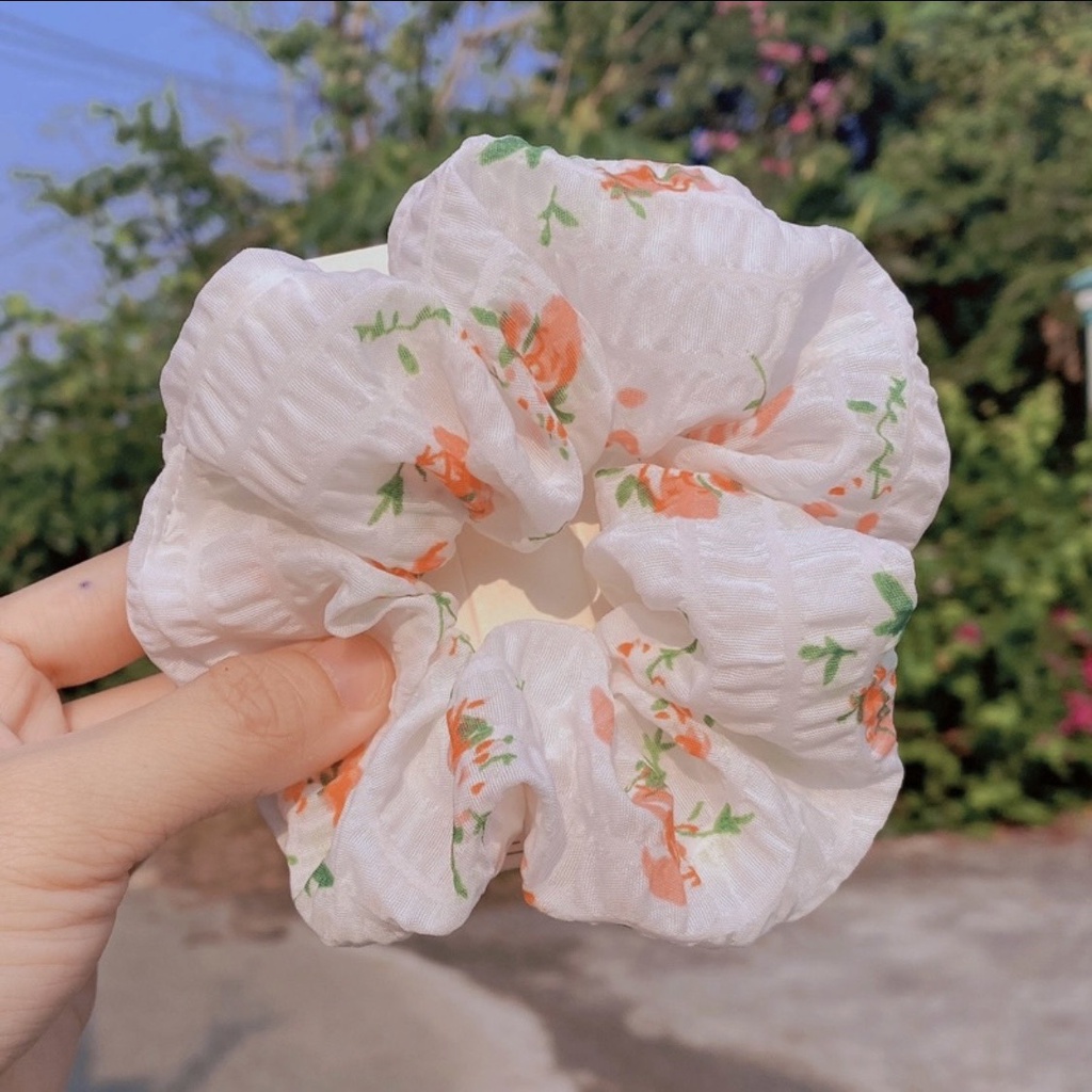 Scrunchies cột tóc vải trắng họa tiết hoa Tulip màu cam xinh xắn dành cho bạn nữ