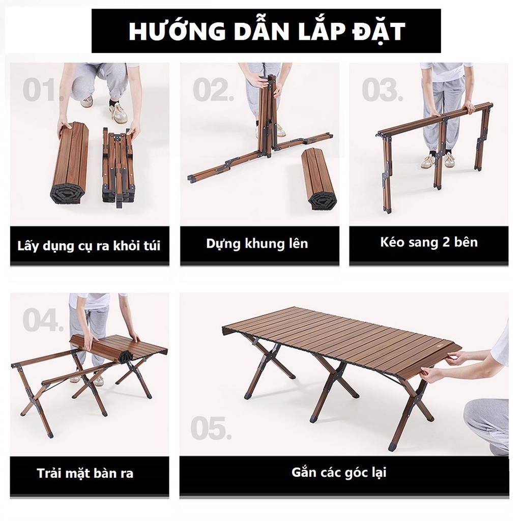Bàn ghế gấp gọn hợp kim nhôm vân gỗ cao cấp thế hệ mới 2022 - TẢI TRỌNG 100KG, KẾT CẤU DẠNG CUỘN GẤP GỌN