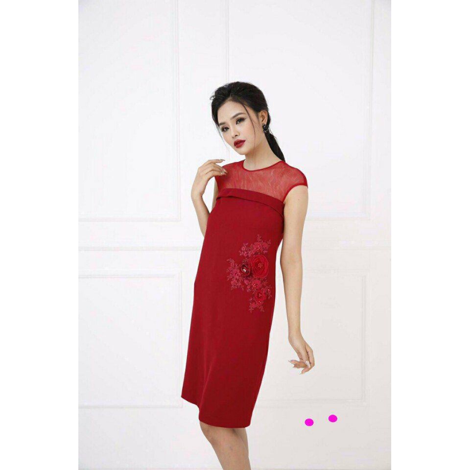 ĐẦM SUÔNG ĐỎ PHỐI LƯỚI KẾT HOA HỒNG D130