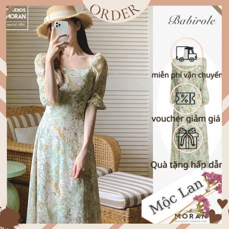 (MộcLan ORDER) Váy MORAN voan hoa xanh cổ vuông nhẹ nhàng tiểu thư sang trọng kiểu Pháp xòe dài | BigBuy360 - bigbuy360.vn