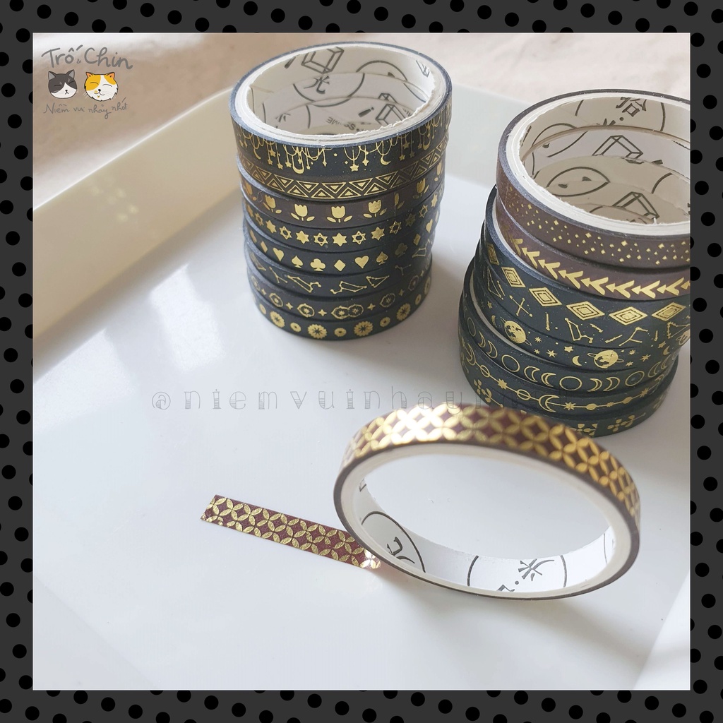 [HÀNG CÓ SẴN] [ẢNH THẬT] Washi tape nhũ ánh kim ĐEN HUYỀN BÍ - Gold Black Washi tape (5mm*2m)