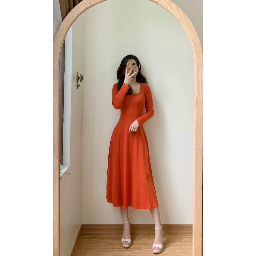 Đầm midi xoè FOREVER21 thun cotton bozip vintage tay dài cổ vuông màu be, nâu cam siêu xinh