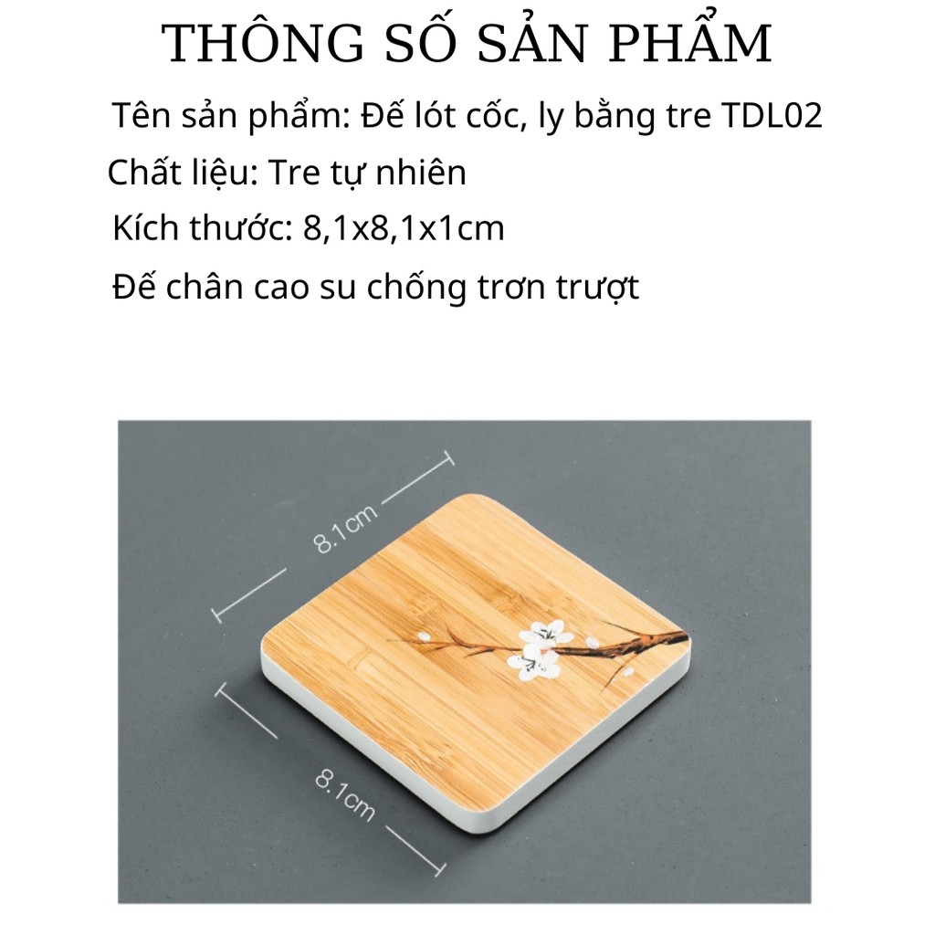 [Mã LT50 giảm 50k đơn 250k] Bộ 6 chiếc đế lót cốc, ly, chén bằng tre thiên nhiên TiLoKi TDL03 kích thước 8,1x8,1x1cm